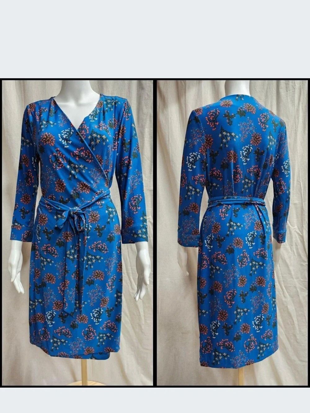 Remade L Blue floral long sleeve belted wrap dress